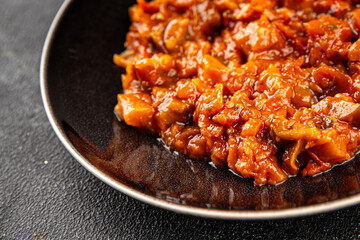 Eggplant stew dish vegetables salad tasty fresh delicious gourmet food background on table rustic food top view copy space keto and paleo diet vegetarian and vegan food