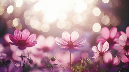 Obraz premium Dreamy cosmos flowers in soft light creating a serene and romantic atmosphere with a bokeh blackground and a low angle