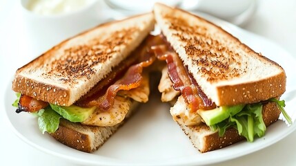 Club sandwich made with lightly buttered sourdough, filled with classic turkey and ham combo, editorial sandwich spread