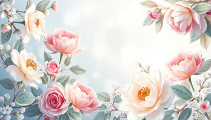 Peony and Rose Garden Background Image Soft Pastel Blooms in a Delicate Floral Frame