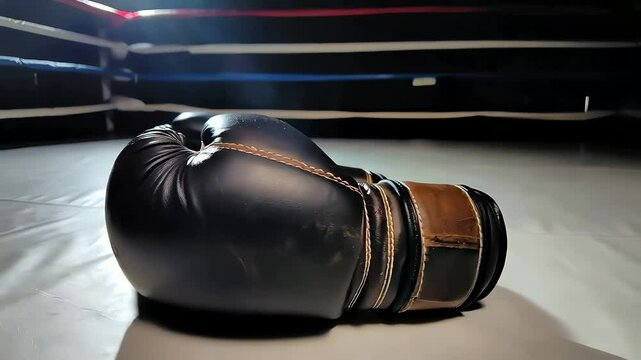 Pair of boxing gloves resting on the canvas of a boxing ring