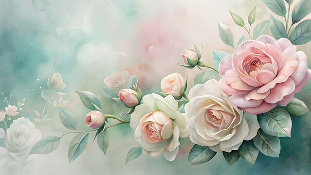 *"Watercolor Roses Background &ndash; Soft Pink & White Blooms with Green Foliage, Symbolizing Love for Prophet Muhammad (PBUH)"* 