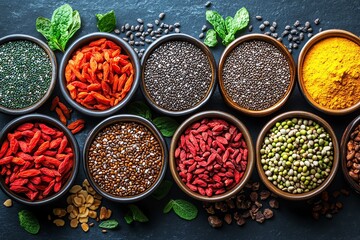 A vibrant display of assorted spices and seeds in bowls, showcasing rich colors and textures, perfect for culinary adventurers and food enthusiasts seeking inspiration and flavor.