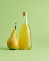 Elegant glass bottle with golden pear juice, minimal label design, warm rustic tones, cozy atmosphere