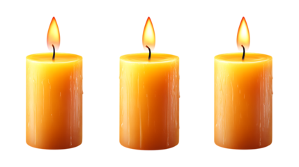Three identical yellow wax pillar candles are perfectly aligned, displaying their steady warm flames as a strong decorative element isolated.