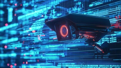 A surveillance camera captures digital data streams in a modern urban setting with advanced technology - Powered by Adobe