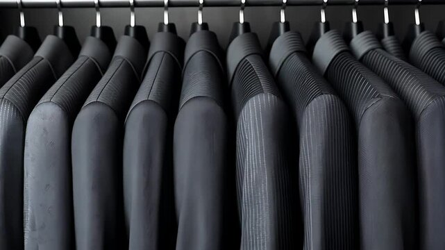 Row of black formal suits hanging on clothing rack in store or wardrobe setting.