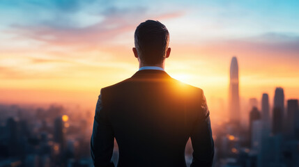 Businessman gazing at city skyline during sunset urban landscape inspirational photography cityscape perspective