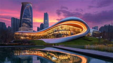 Obraz premium An architectural masterpiece set against a breathtaking sunset skyline in the heart of the bustling city showcasing the intersection of modern design and natural beauty