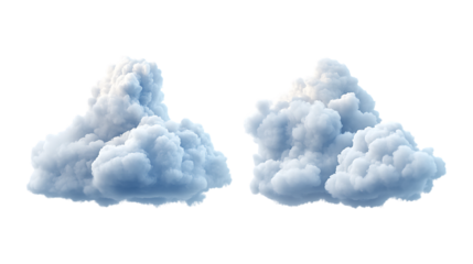 Two voluminous white cumulus clouds float gently in the atmosphere, creating a clean weather element or dreamy design asset isolated on a.