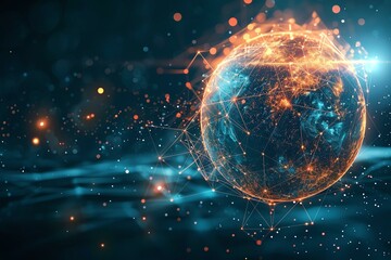 An abstract representation of a digital globe surrounded by glowing particles and intricate patterns, symbolizing technology, connectivity, and the digital world.