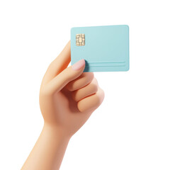 A hand holding a blue minimalist credit card, trendy 3D illustration, UI friendly, isolated scene on a transparent background