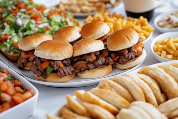 A buffet table with a variety of food, including hamburgers, fries, and salad. The table is set up for a party or gathering, and the food looks delicious and inviting
