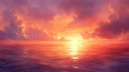 Obraz premium Painterly Seascape with Vivid Sunset and Ethereal Cloud Formations