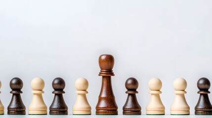 Wooden Chess Piece Standing Out in a Row of Identical Pieces Representing Individuality and Personal Growth