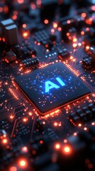 Obraz premium Minimalistic AI chip icon, futuristic design, glowing neon blue circuits, flat design, white background, vector style, high resolution.