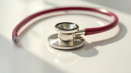 A close-up of a stethoscope resting on a reflective white surface, symbolizing healthcare, medical diagnostics, and professional medicine.