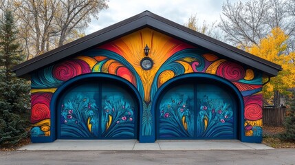 Whimsical Garage Doors With Vibrant Art. Abstract Painted Doors, Adding Color And Artistic Flair To A Home'S Exterior.