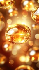 Golden spheres floating in space with bokeh background creating a luxurious and elegant mood ideal for cosmetic or product promotion with a warm and inviting feel