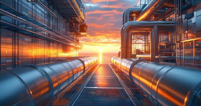 Industrial structures with pipes reflect the setting sun across the ocean