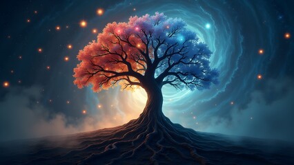 Celestial Tree of Life: A Dichotomy of Colors Under a Cosmic Galaxy Sky