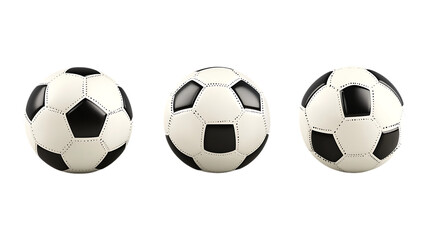 Obraz premium Three identical black and white traditional panel soccer balls are aligned in a straight row, isolated on a stark transparent background for.