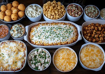 Buffet of Dishes on Dark Wood