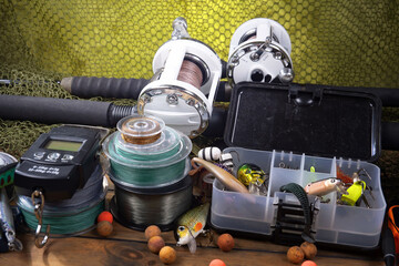 Fishing items in a tabletop arrangement