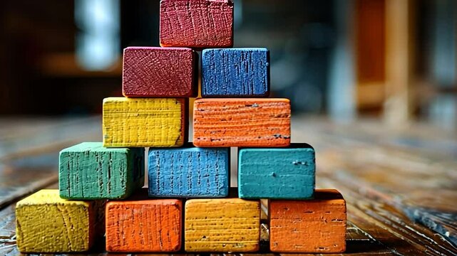Colorful wooden blocks pyramid on a rustic wooden surface