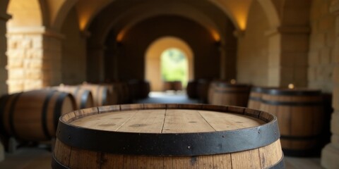 Fototapeta premium Aged Wooden Barrel Top in a Vaulted Cellar with Blurred Background of Similar Barrels