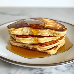 Golden Brown Pancakes with Syrup on White Plate