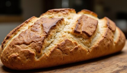 The freshly baked bread is a golden brown color, with a crust that crackles as you break into it