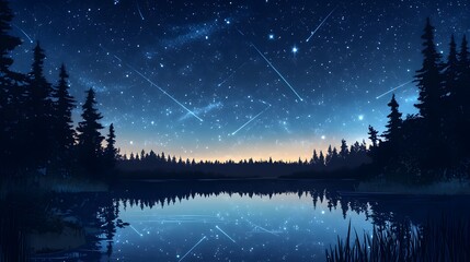 Fototapeta premium Anime - style Night Sky with Shooting Stars over a Lake