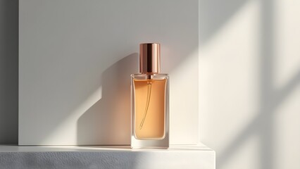 Elegant perfume bottle on a minimalist white background with soft shadows for a luxurious presentation