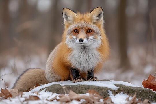 A beautiful red fox sitting on a rock with snow