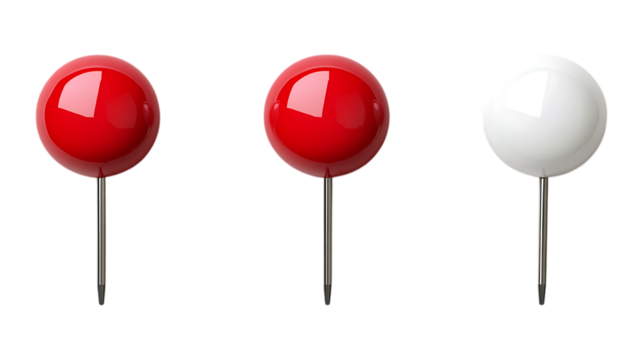 Push Pin Set in Three Different Poses on Transparent Background for Office Supplies, Stationery Designs, or Business Branding