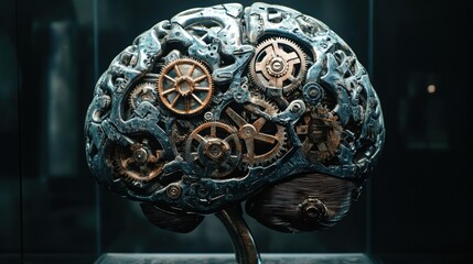 Steampunk brain model in dark display case