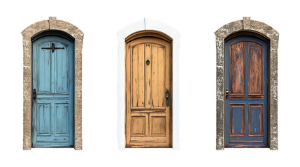 Obraz premium Three distinct antique wooden doors featuring varied colors and stone archways are presented isolated on a transparent background for design.