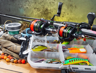 Fishing items in a tabletop arrangement