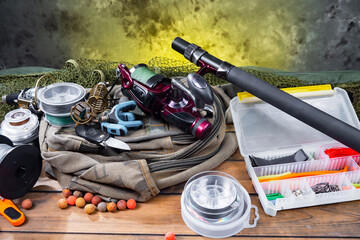 Fishing items in a tabletop arrangement