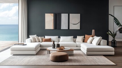 a living room with a white couch and a table