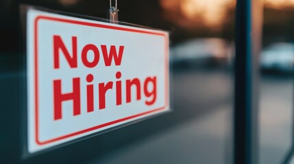 Job opportunity announcement local business employment signage urban setting close-up shot career growth concept