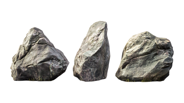Boulder Rock Set in Three Different Poses on Transparent Background for Landscape Design, Geological Studies, or Game Asset Creation