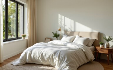 A serene bedroom featuring a comfortable bed, soft lighting, and natural decorations enhancing a calming atmosphere