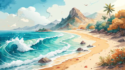 *Cheerful watercolor beach scene with gentle waves and sandy shores, evoking wanderlust for World Tourism Day with copy space*  