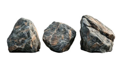 Boulder Rock Set in Three Different Poses on Transparent Background for Landscape Design, Geological Studies, or Game Asset Creation