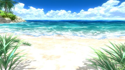 Serene Tropical Beach Scene with Crystal Clear Water and Fluffy White Clouds Under a Blue Sky