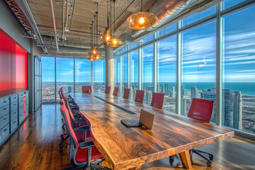 Fototapeta premium A contemporary office with a wooden conference table and floor-to-ceiling windows offering a sleek modern design for productivity