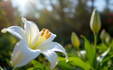 Fototapeta premium A close-up of a white flower with golden stamens, set against a soft-focused green background