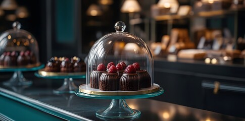 Elegant Chocolate Cakes Under Glass Domes Displayed In Upscale Bakery Setting
